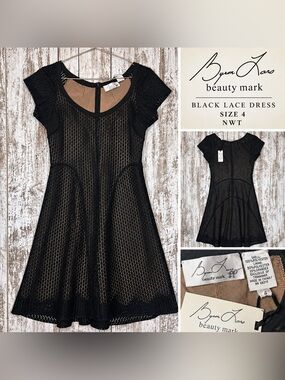 Byron Lars Beauty Mark Black Lace Mesh Fit & Flare Dress Size 4 NWT